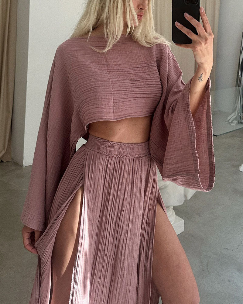Sabina - Chic two-piece set with slit in cotton and linen