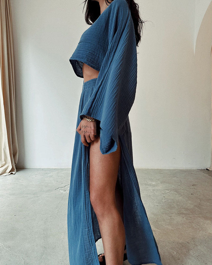 Sabina - Chic two-piece set with slit in cotton and linen