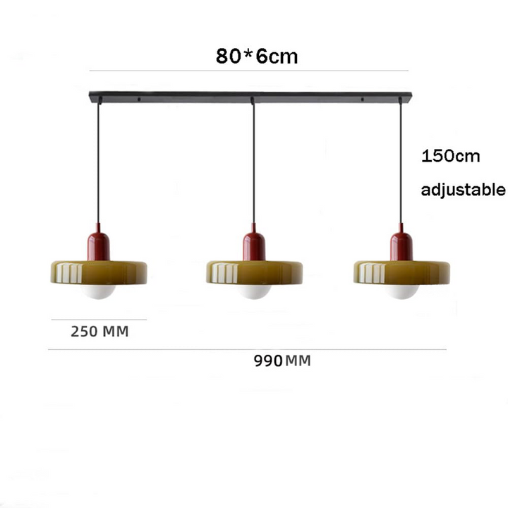 3-headed Bauhaus pendant light made of colored glass