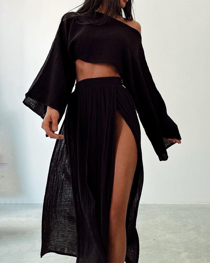 Sabina - Chic two-piece set with slit in cotton and linen