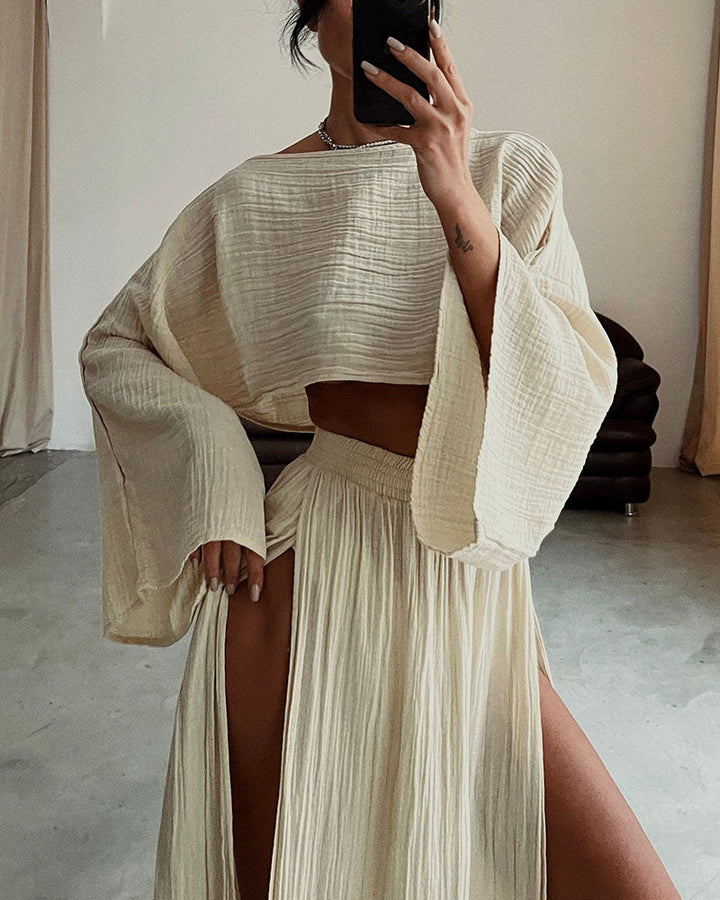 Sabina - Chic two-piece set with slit in cotton and linen