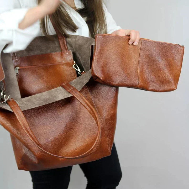 Sophie | Elegant brown leather bag in oversize with matching wallet