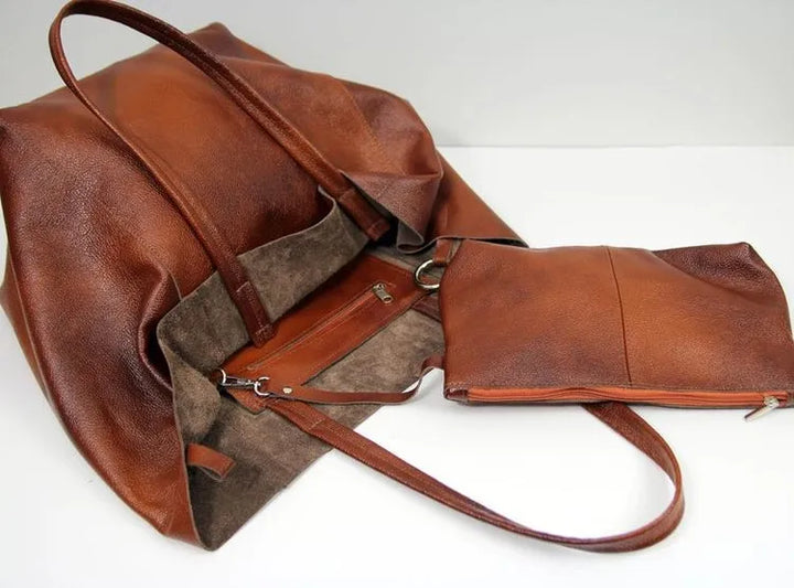 Sophie | Elegant brown leather bag in oversize with matching wallet