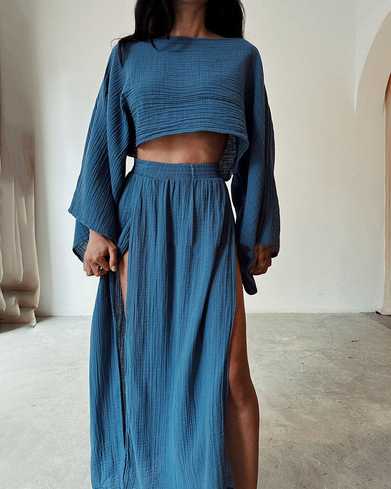 Sabina - Chic two-piece set with slit in cotton and linen