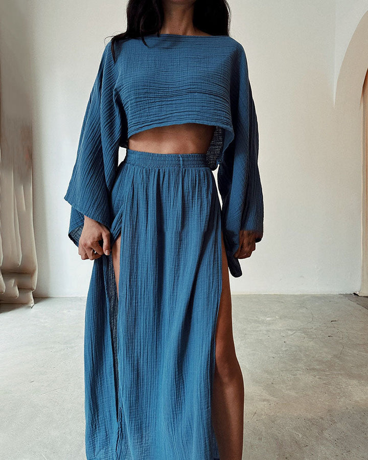 Sabina - Chic two-piece set with slit in cotton and linen