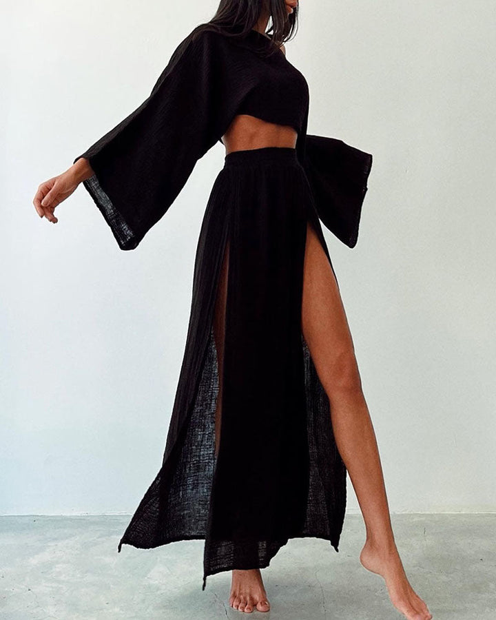 Sabina - Chic two-piece set with slit in cotton and linen