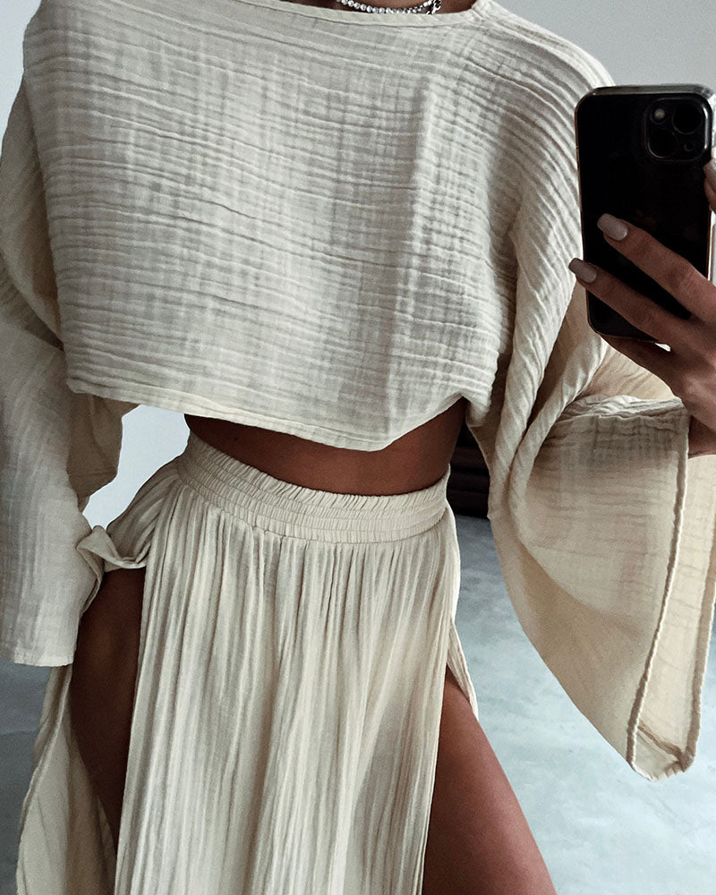 Sabina - Chic two-piece set with slit in cotton and linen