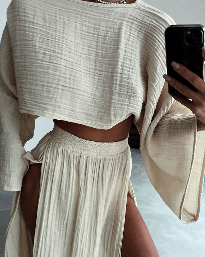 Sabina - Chic two-piece set with slit in cotton and linen