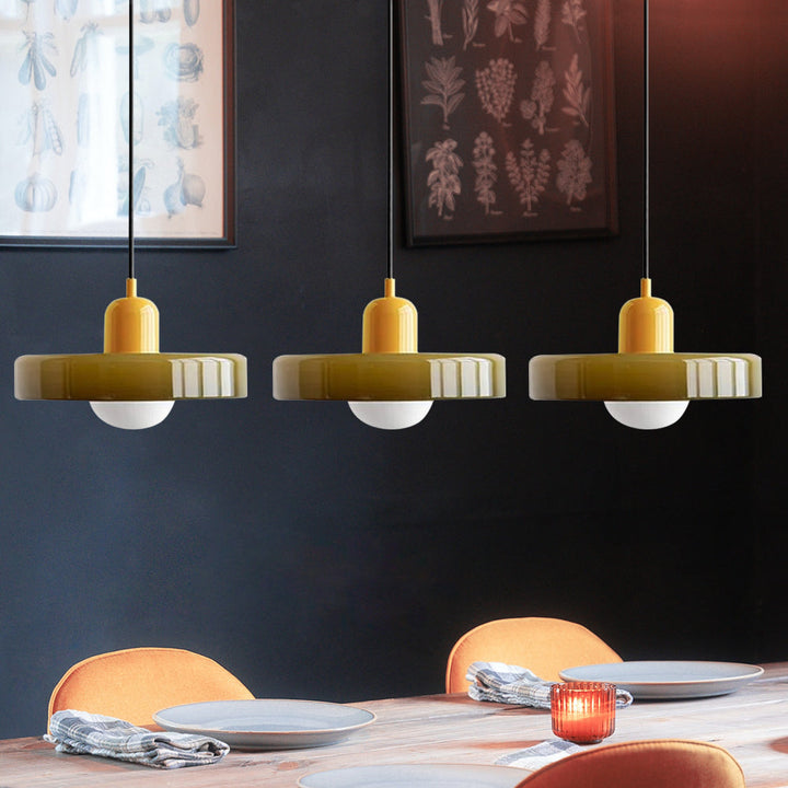 3-headed Bauhaus pendant light made of colored glass
