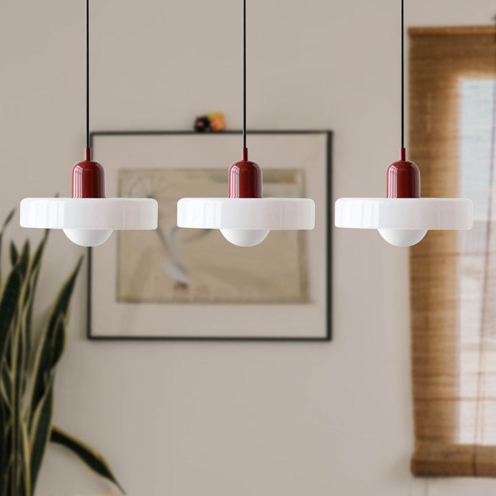 3-headed Bauhaus pendant light made of colored glass