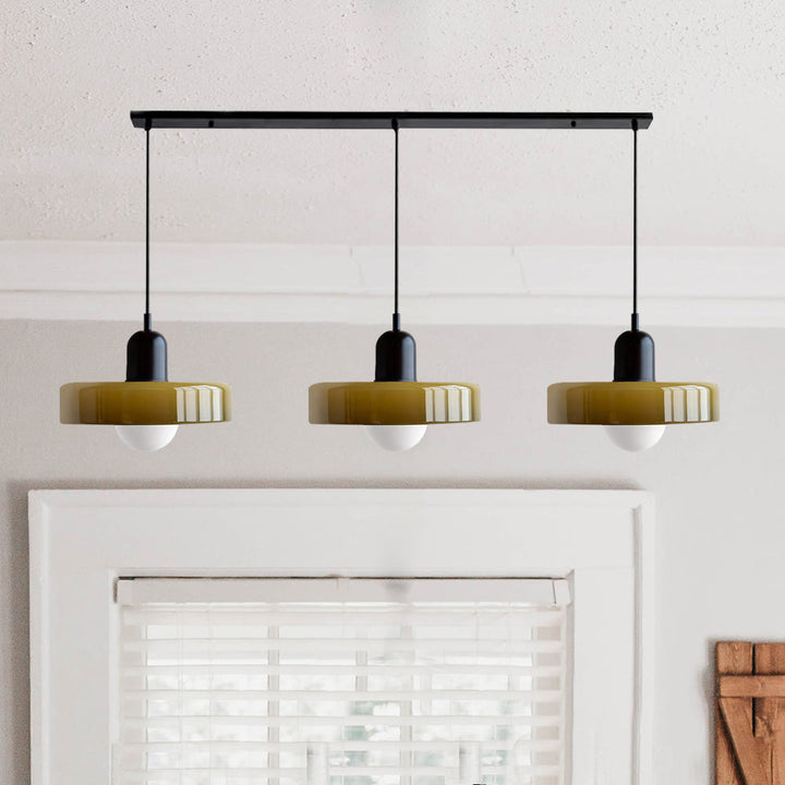 3-headed Bauhaus pendant light made of colored glass