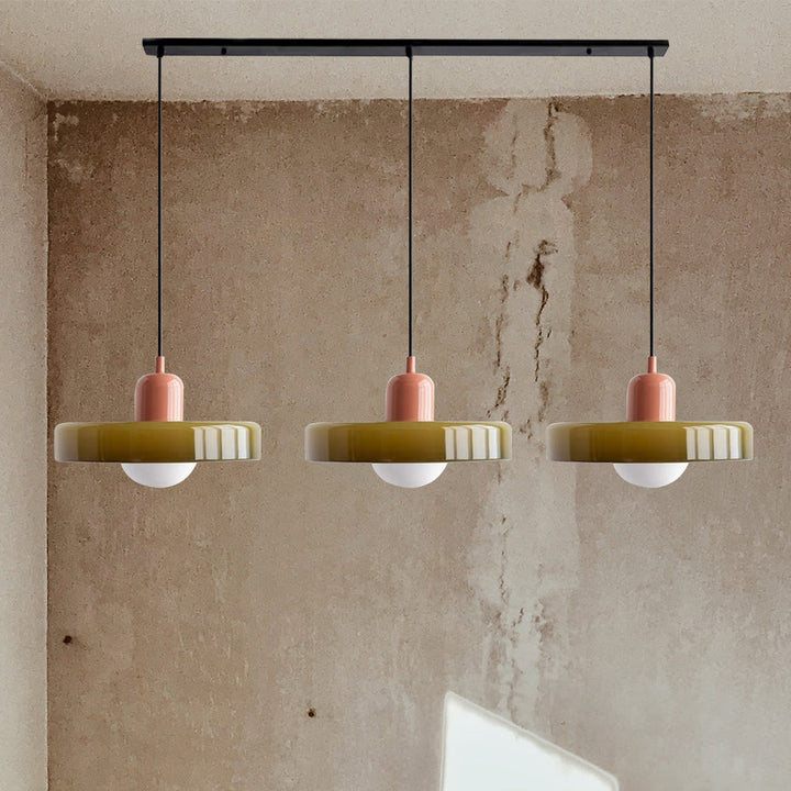 3-headed Bauhaus pendant light made of colored glass