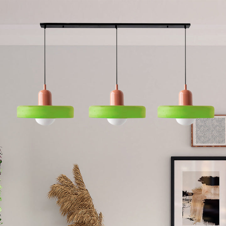 3-headed Bauhaus pendant light made of colored glass