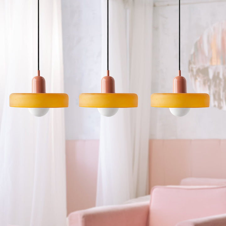 3-headed Bauhaus pendant light made of colored glass