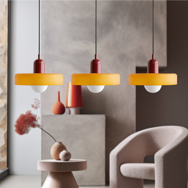 3-headed Bauhaus pendant light made of colored glass