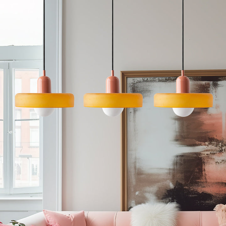 3-headed Bauhaus pendant light made of colored glass