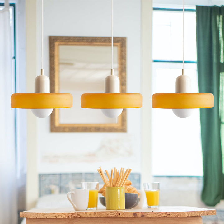 3-headed Bauhaus pendant light made of colored glass