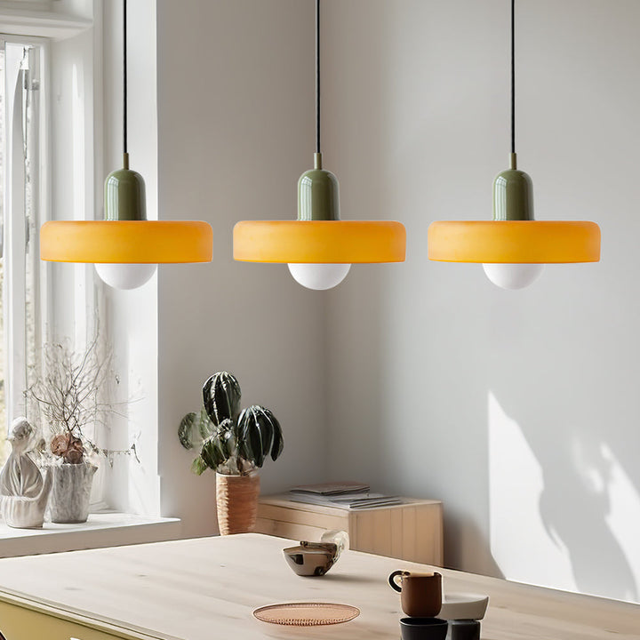 3-headed Bauhaus pendant light made of colored glass