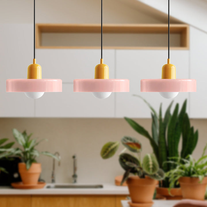 3-headed Bauhaus pendant light made of colored glass