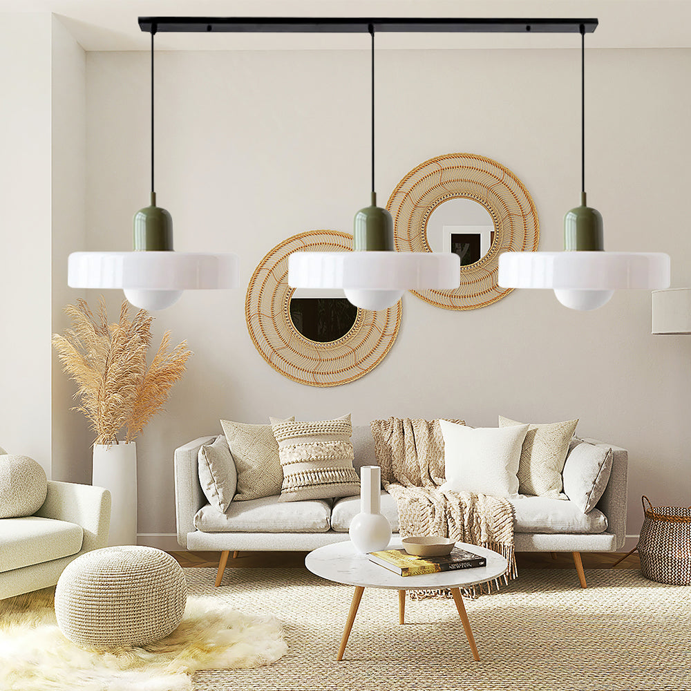 3-headed Bauhaus pendant light made of colored glass