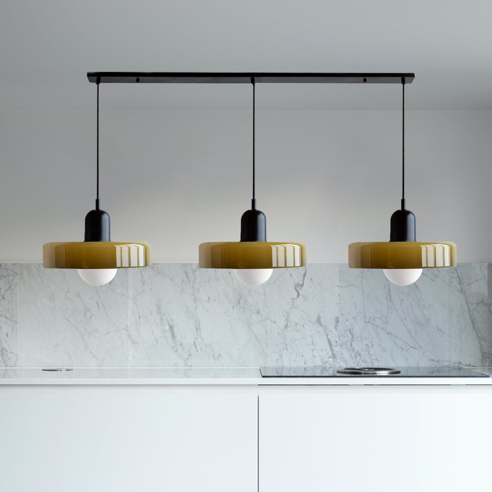 3-headed Bauhaus pendant light made of colored glass
