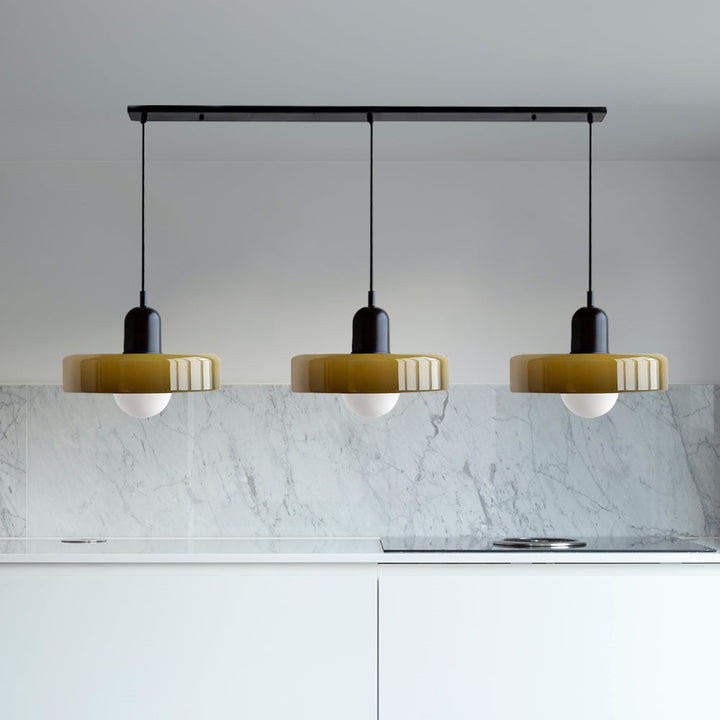 3-headed Bauhaus pendant light made of colored glass