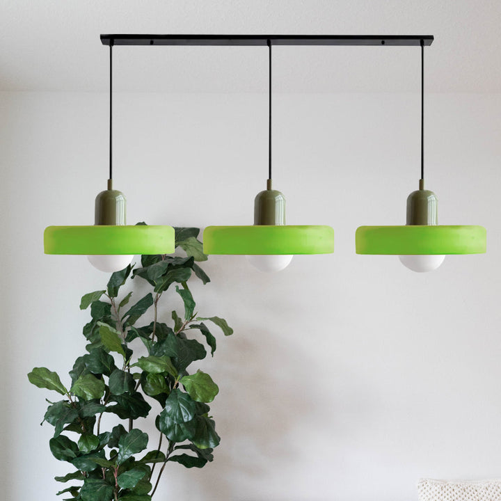 3-headed Bauhaus pendant light made of colored glass