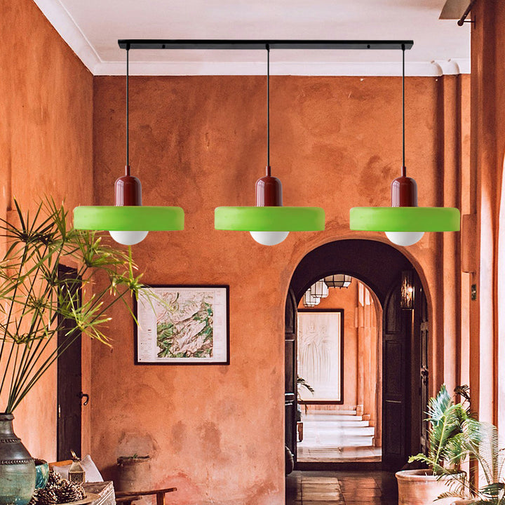 3-headed Bauhaus pendant light made of colored glass