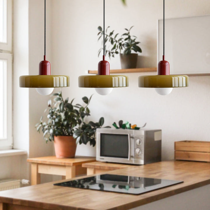 3-headed Bauhaus pendant light made of colored glass
