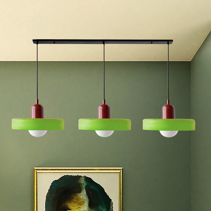3-headed Bauhaus pendant light made of colored glass