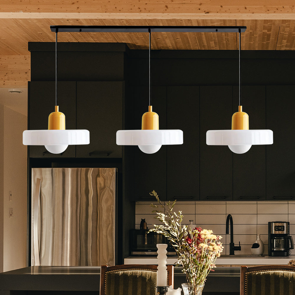 3-headed Bauhaus pendant light made of colored glass