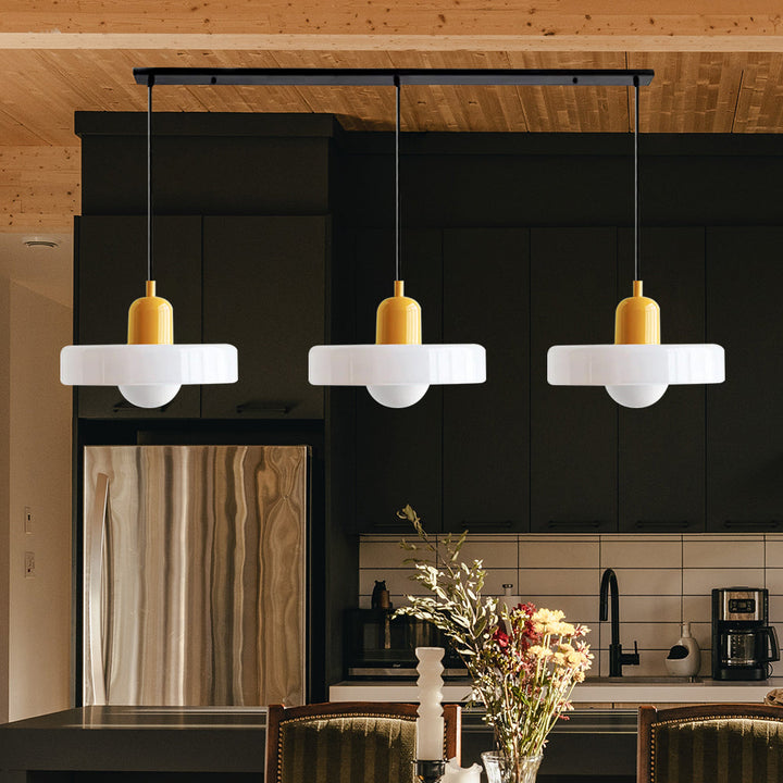3-headed Bauhaus pendant light made of colored glass