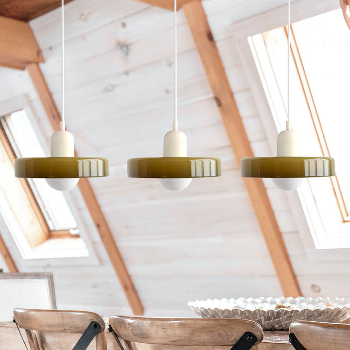3-headed Bauhaus pendant light made of colored glass
