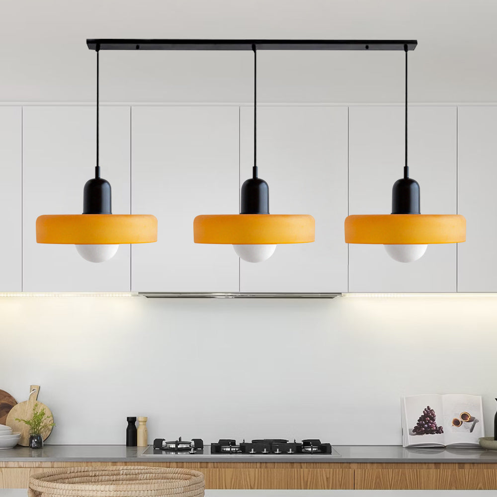 3-headed Bauhaus pendant light made of colored glass