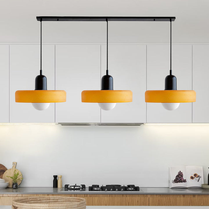3-headed Bauhaus pendant light made of colored glass